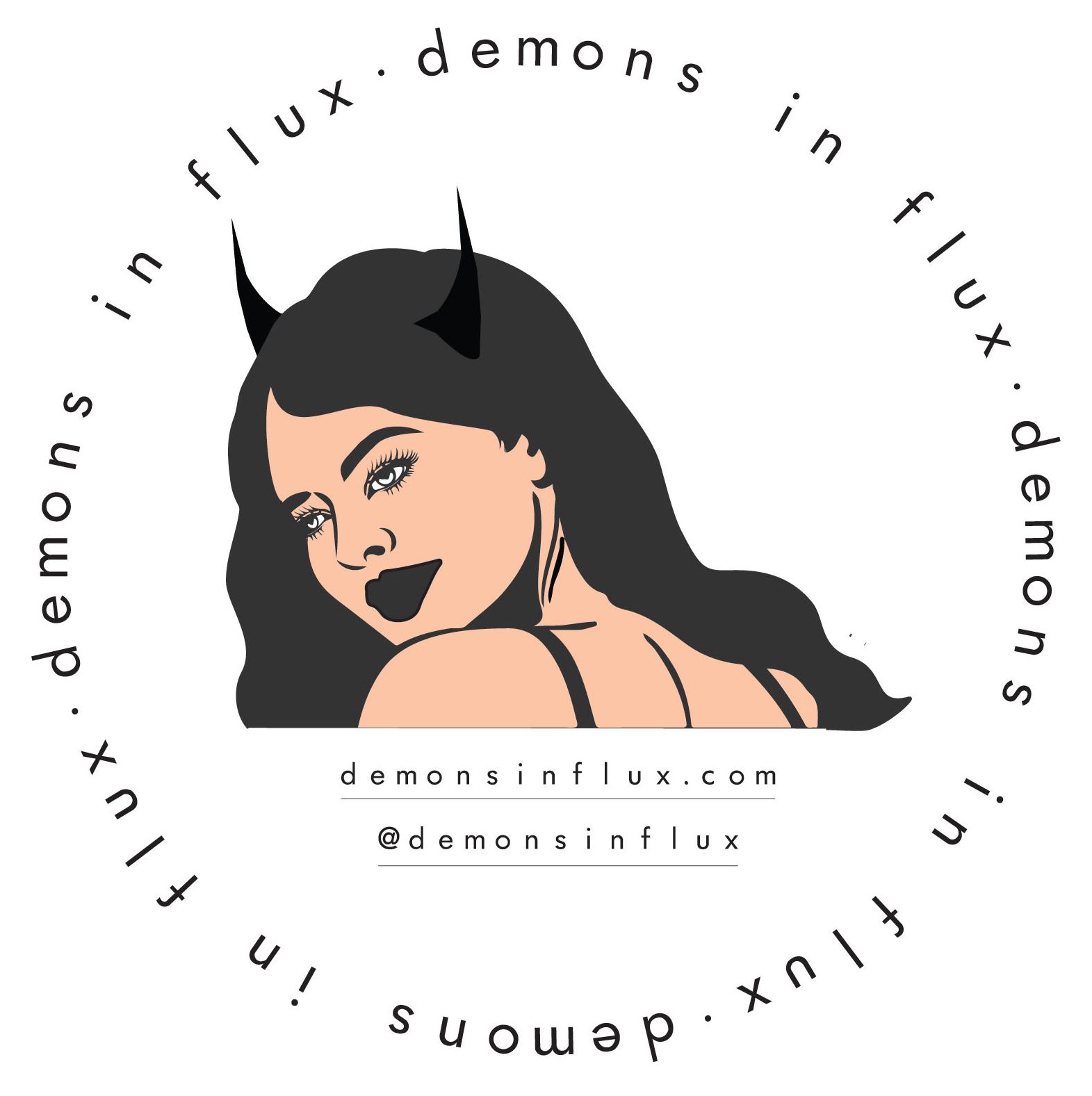 Girl looking back with devil horns and smirk, logo surrounds her